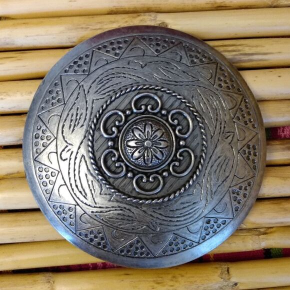 NEW 3" Silver Metal Circular Etched w/ Leaves Circle Embellished Raised Center - Picture 1 of 7